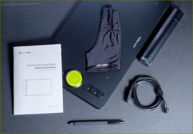 Foto 2. Milline XP-PEN Deco 02 tuleb koos tahvelarvutiga? Kasutusjuhend, kinnas, pliiatsiümbris ja varupliiatsid, USB-kaabel ja pliiats